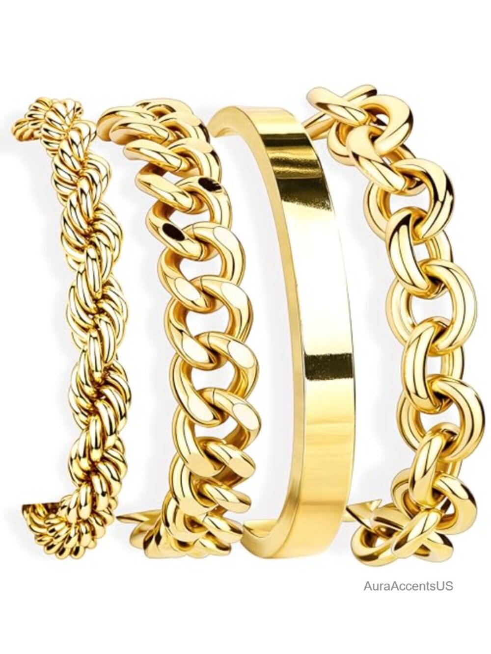 4PC Chunky Gold Plated Bracelet Stack Set Waterproof Adjustable